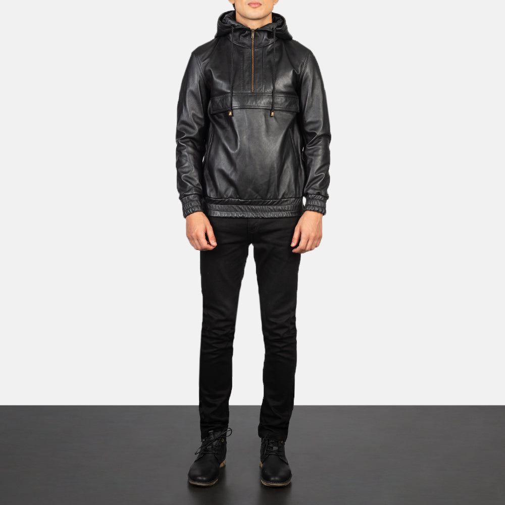 Kentaro Hooded Leather Pullover Jacket