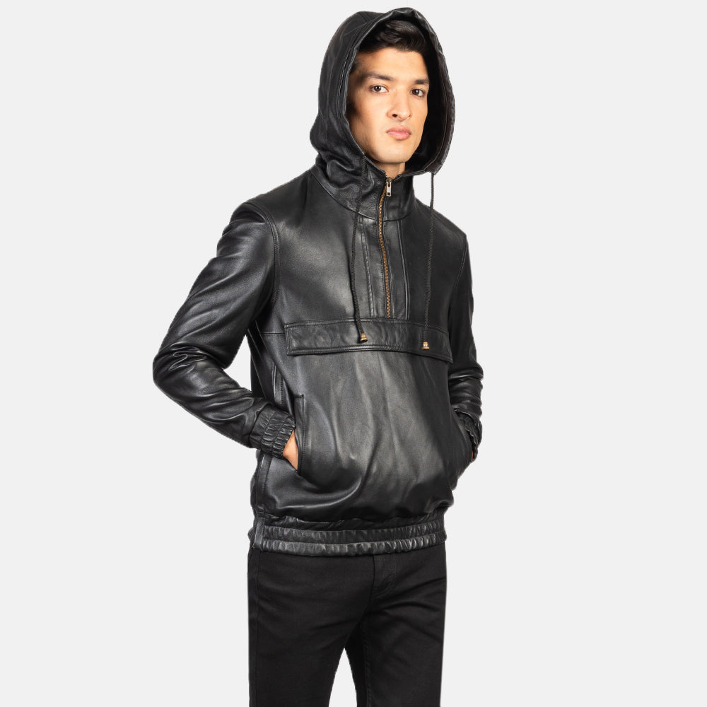 Kentaro Hooded Leather Pullover Jacket