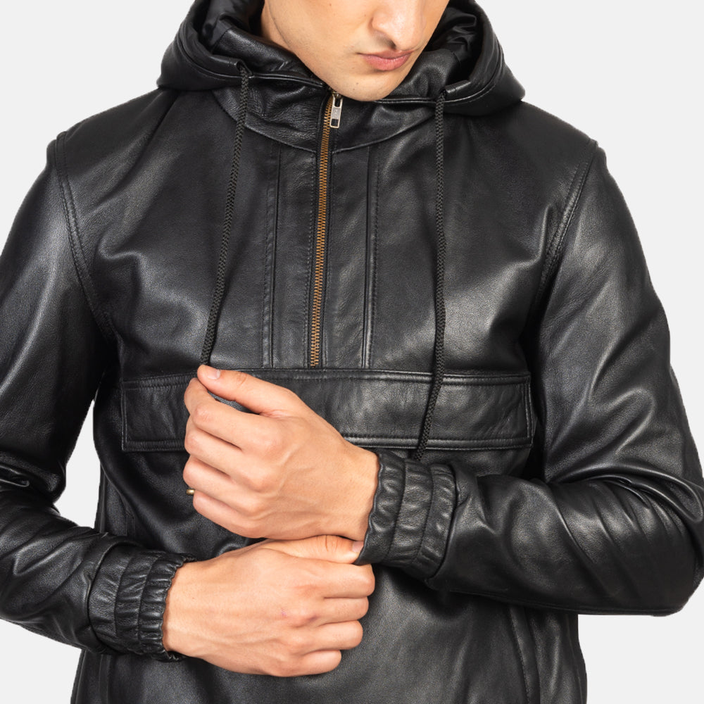 Kentaro Hooded Leather Pullover Jacket