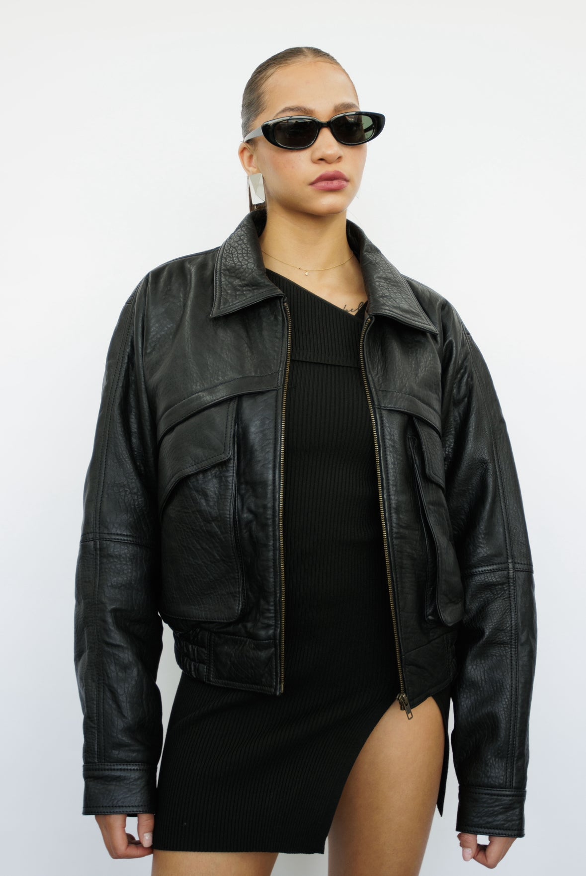 Arvion Classic Black Leather Bomber Jacket