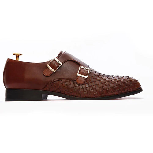 Averin Textured Brown Leather Monk Strap Shoes
