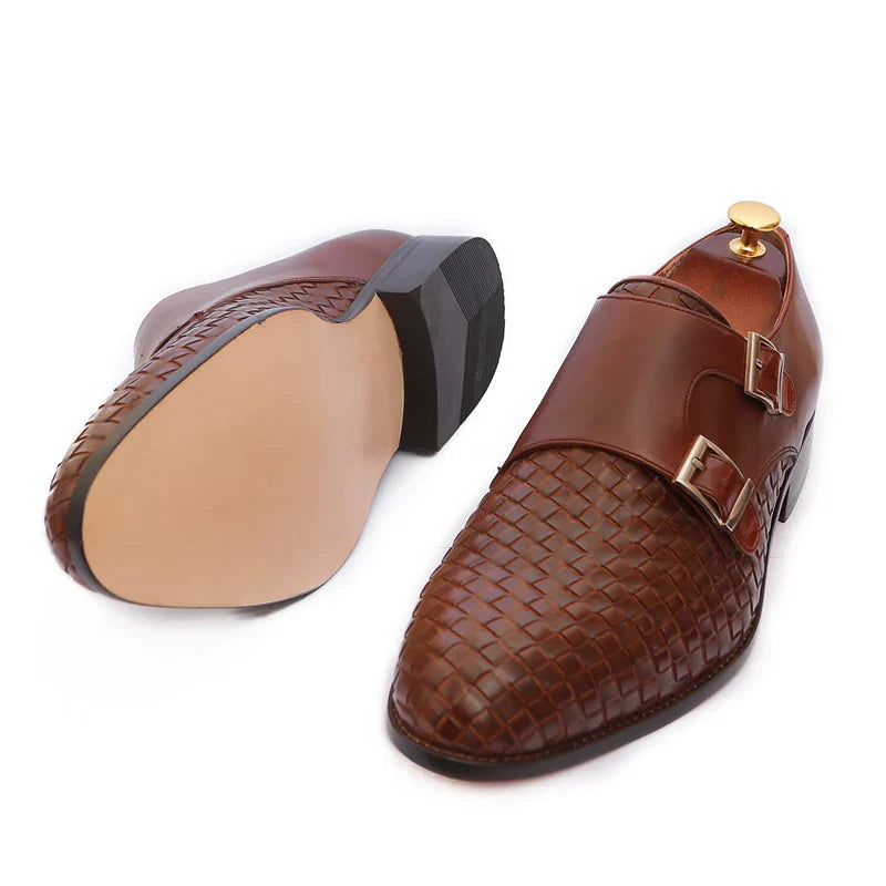 Averin Textured Brown Leather Monk Strap Shoes