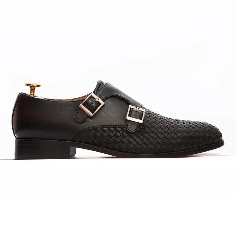 Averin Textured Black Leather Monk Strap Shoes
