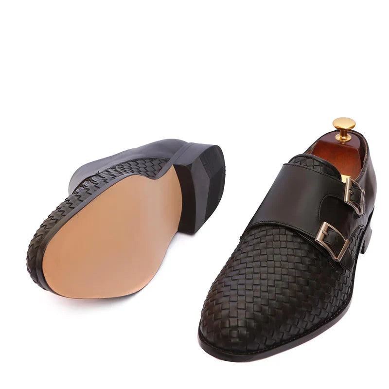Averin Textured Black Leather Monk Strap Shoes