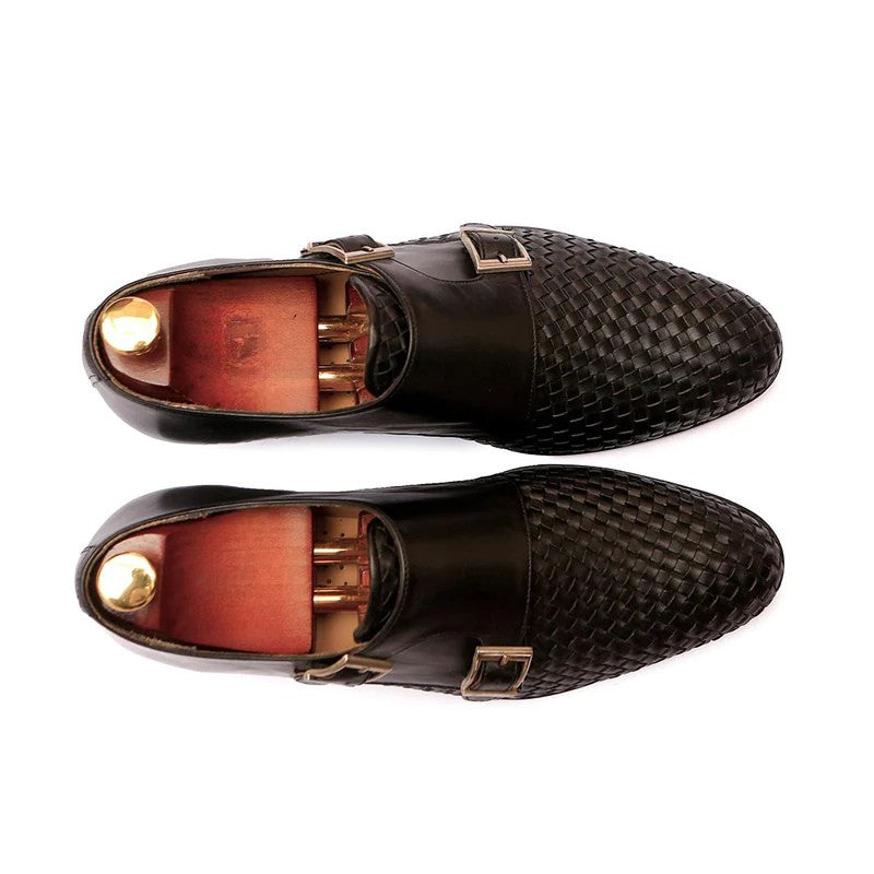 Averin Textured Black Leather Monk Strap Shoes