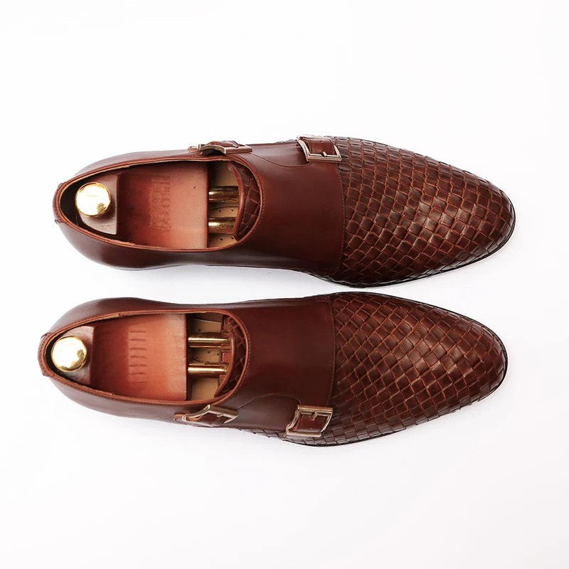 Averin Textured Brown Leather Monk Strap Shoes