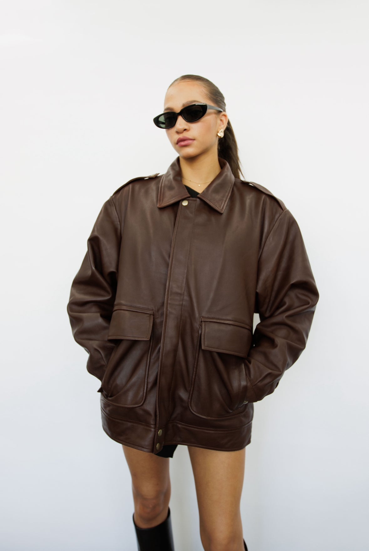 Elora Brown Oversized Vintage Leather Jacket
