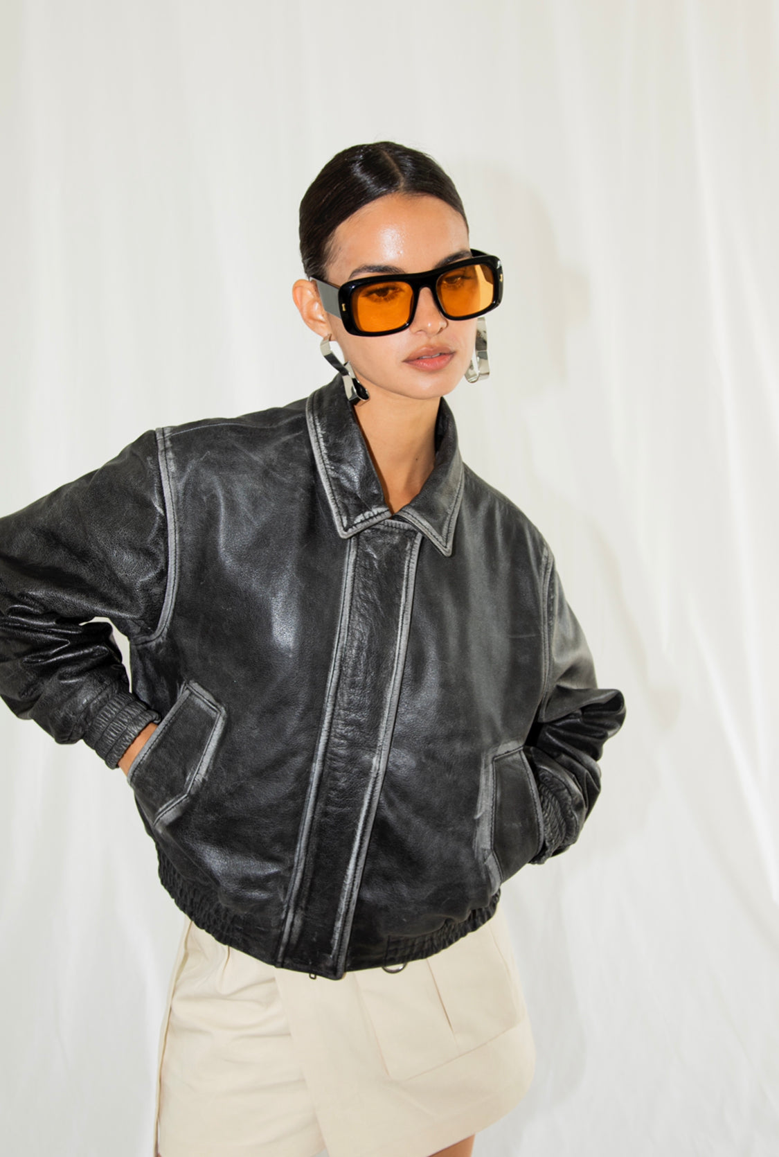 Varelle Boxy Distressed Grey Leather Jacket