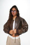 Bionni Retro Brown Cropped Leather Bomber Jacket