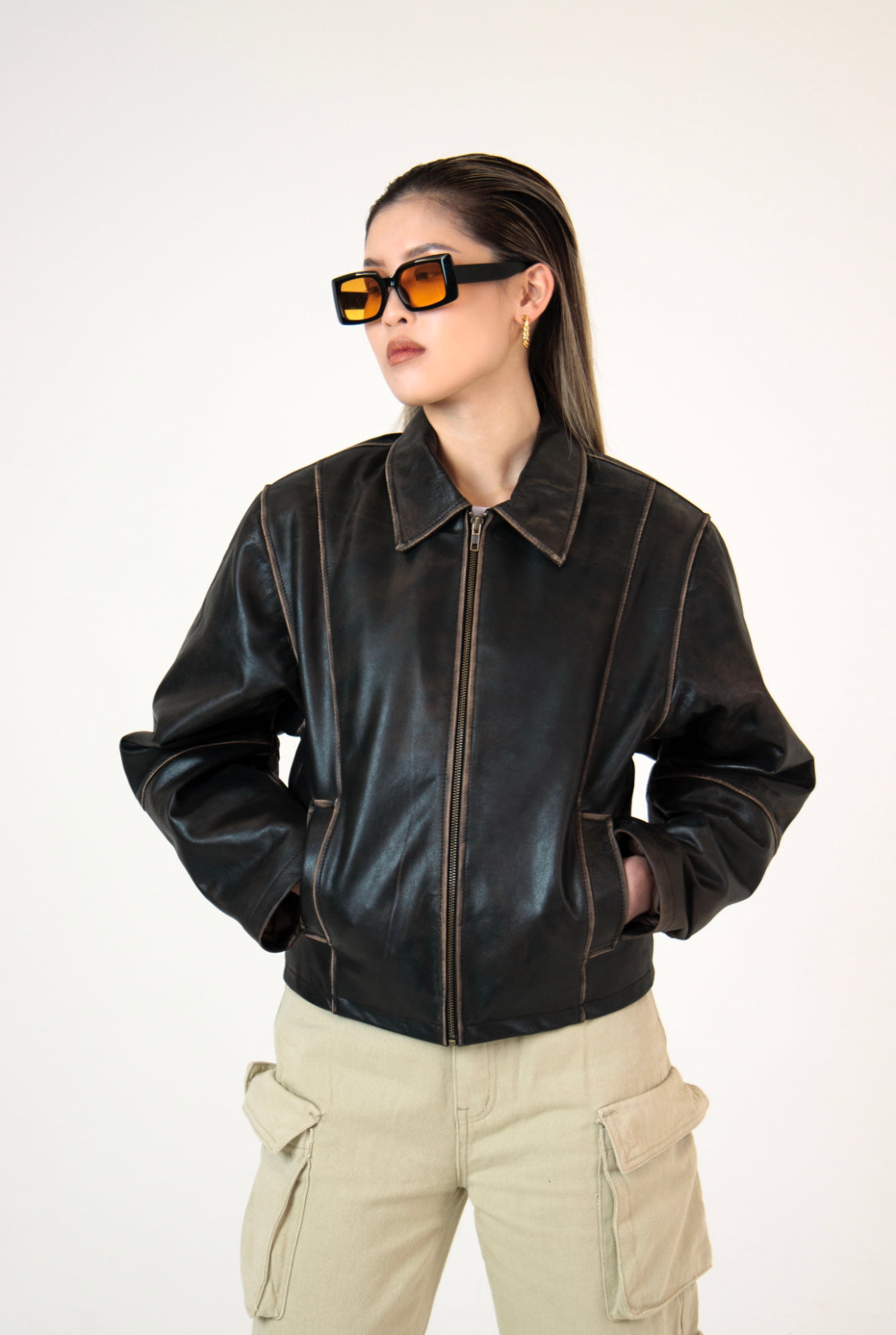 Mavelle Distressed Boxy Leather Jacket