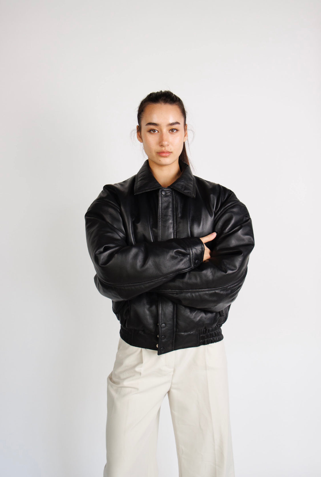 La Venza Oversized Leather Bomber Jacket