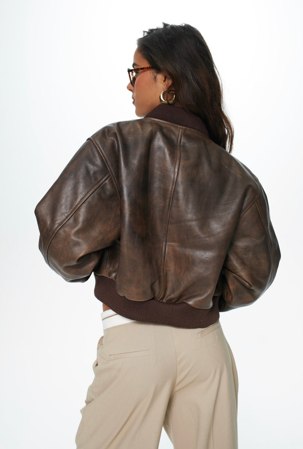 Bionni Retro Brown Cropped Leather Bomber Jacket