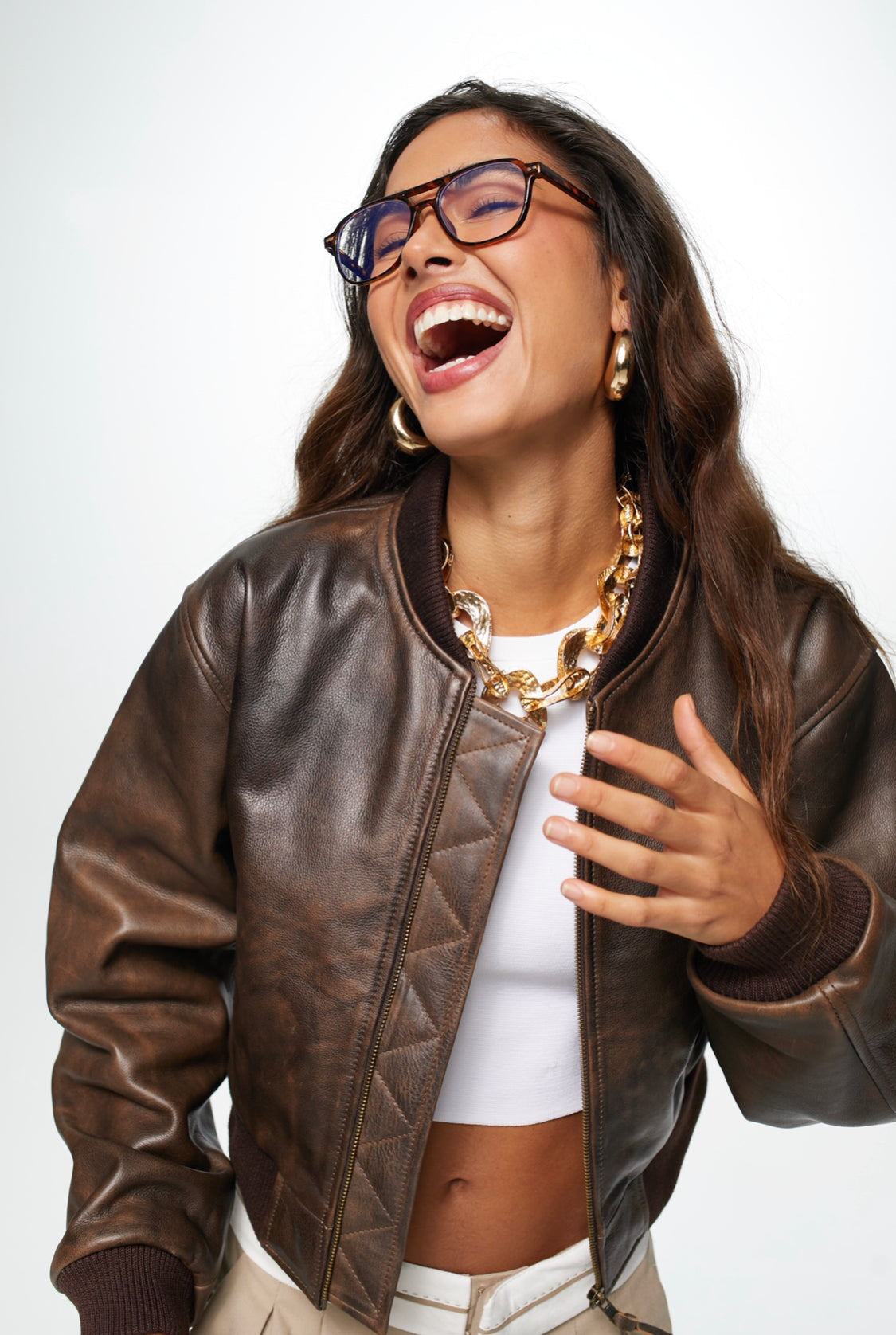 Bionni Retro Brown Cropped Leather Bomber Jacket