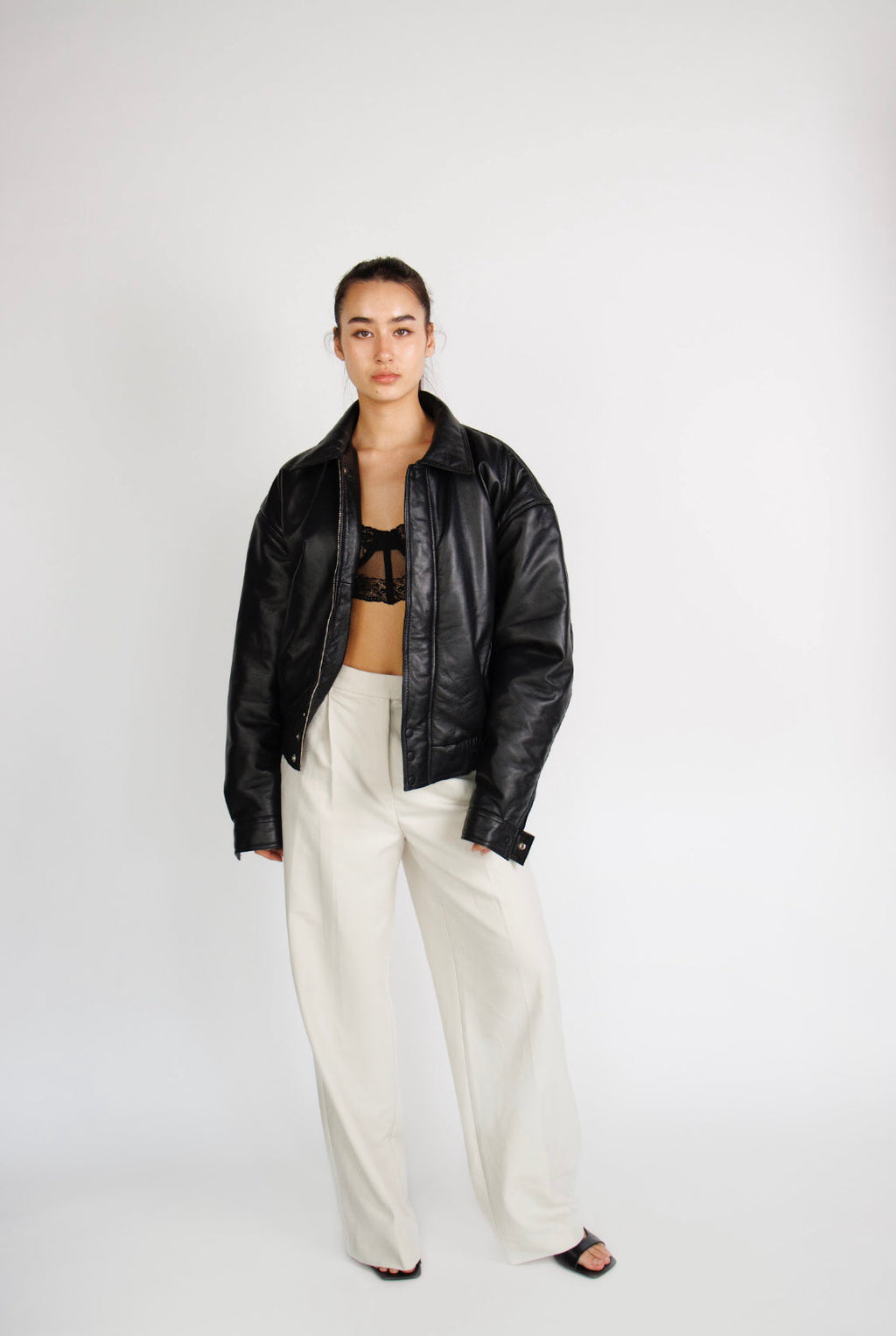 La Venza Oversized Leather Bomber Jacket
