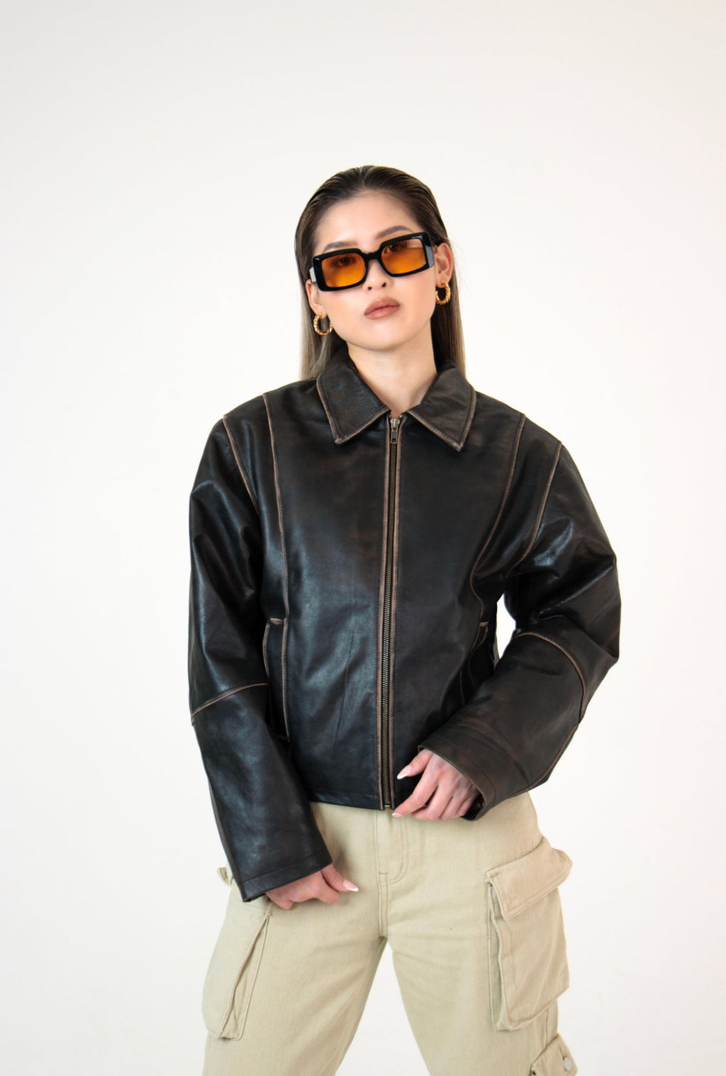 Mavelle Distressed Boxy Leather Jacket
