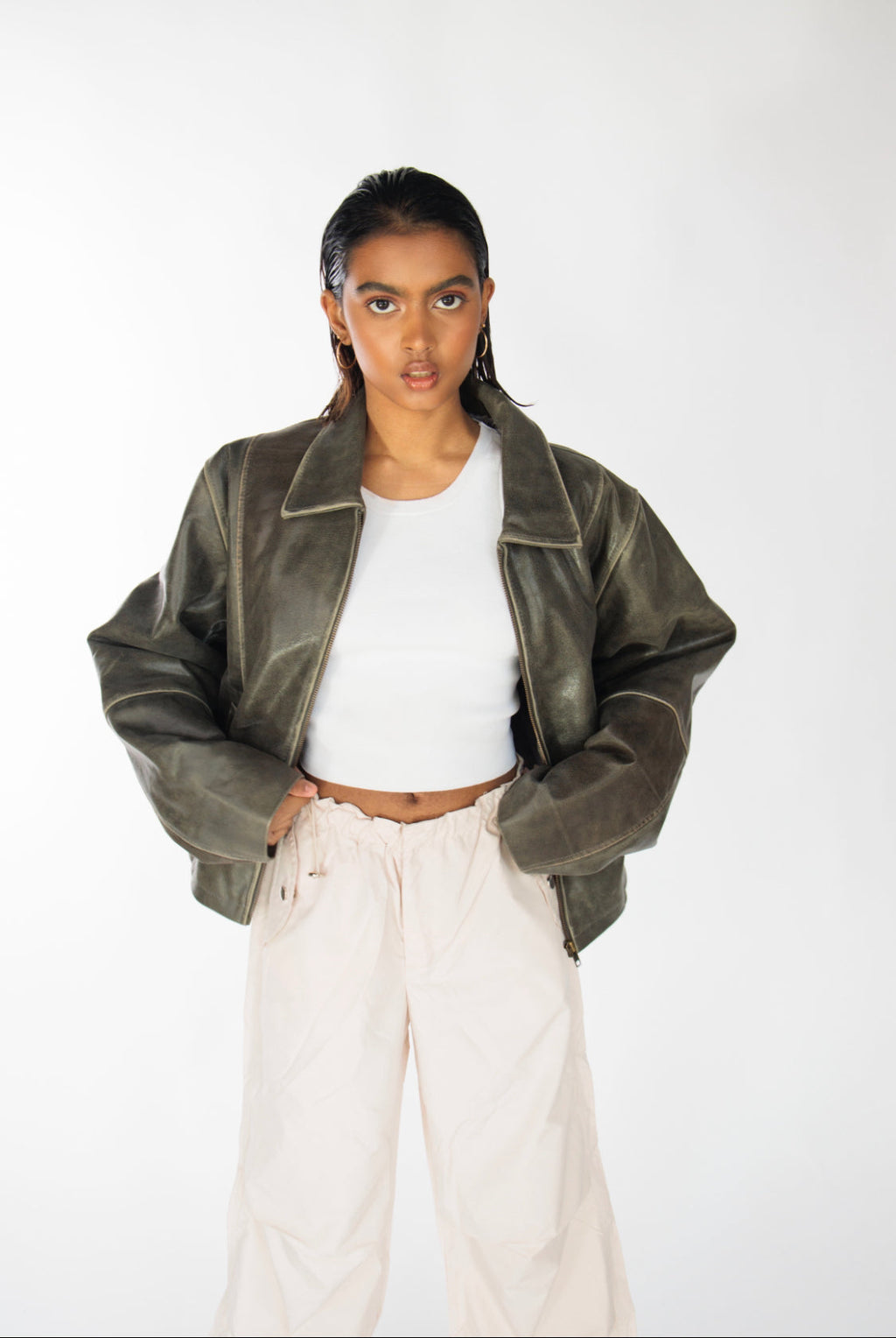 Mavellon Distressed Boxy Leather Jacket