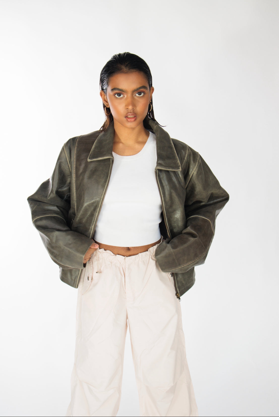Mavellon Distressed Boxy Leather Jacket