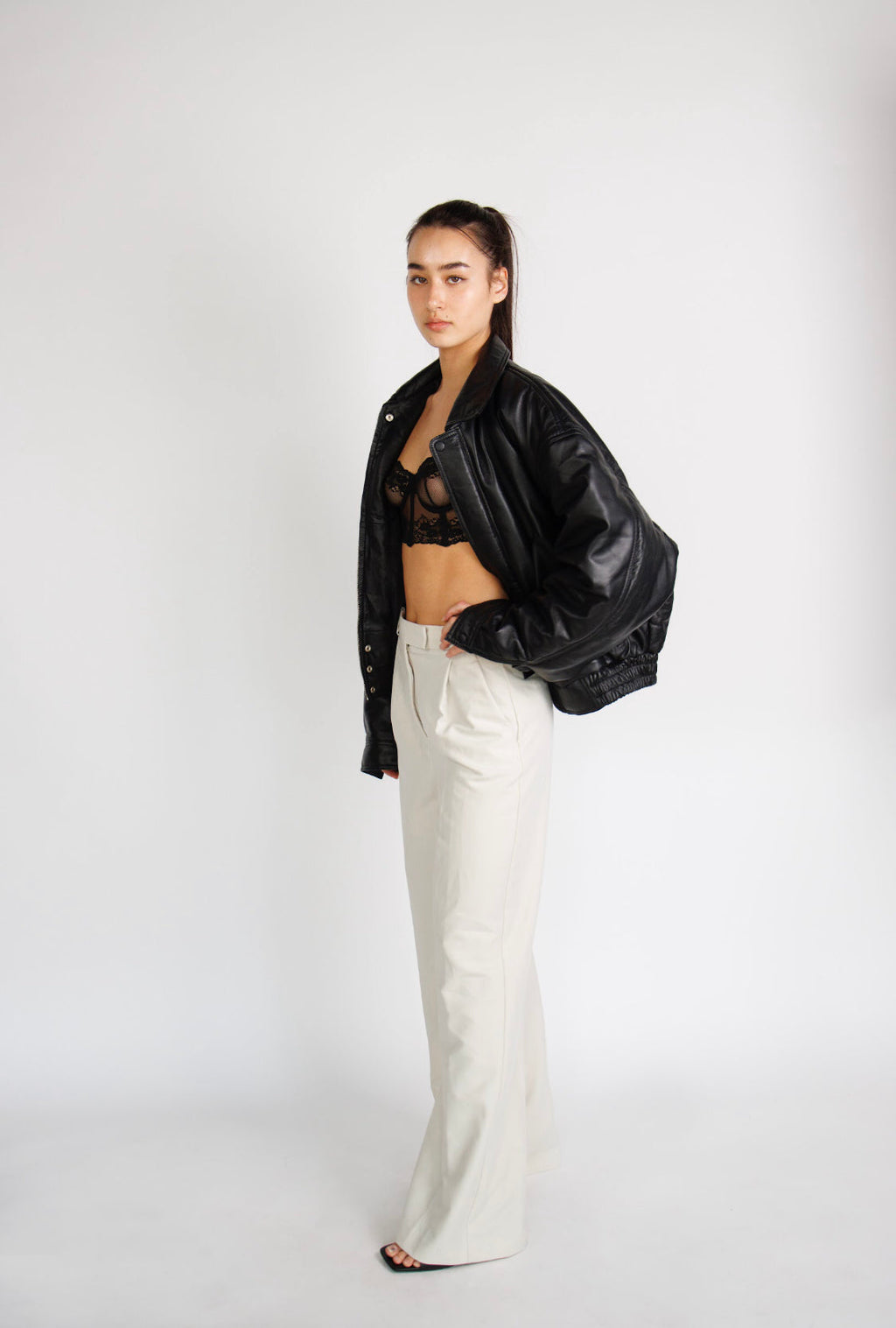 La Venza Oversized Leather Bomber Jacket