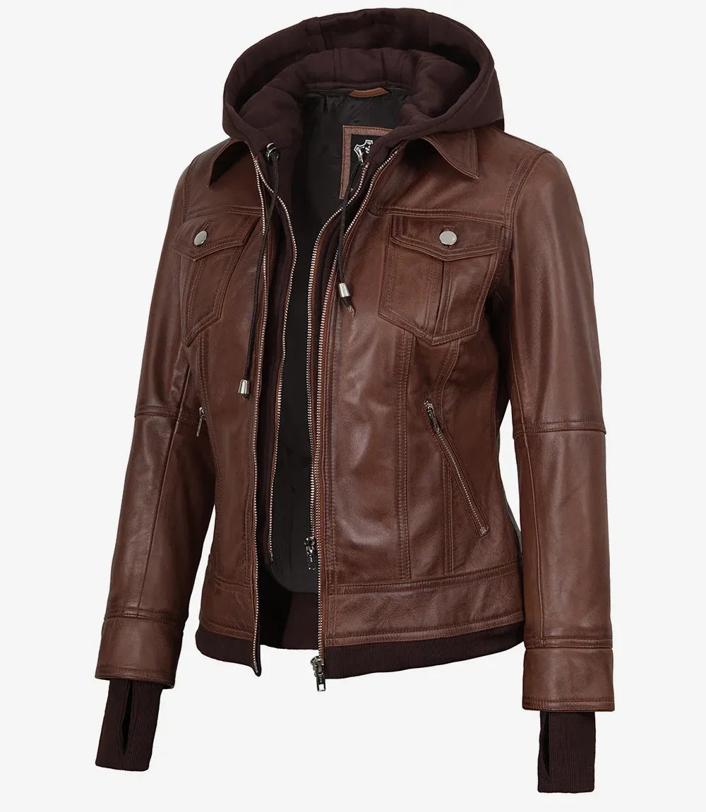 Tralee Black Bomber Women's Leather Jacket With Removable Hood