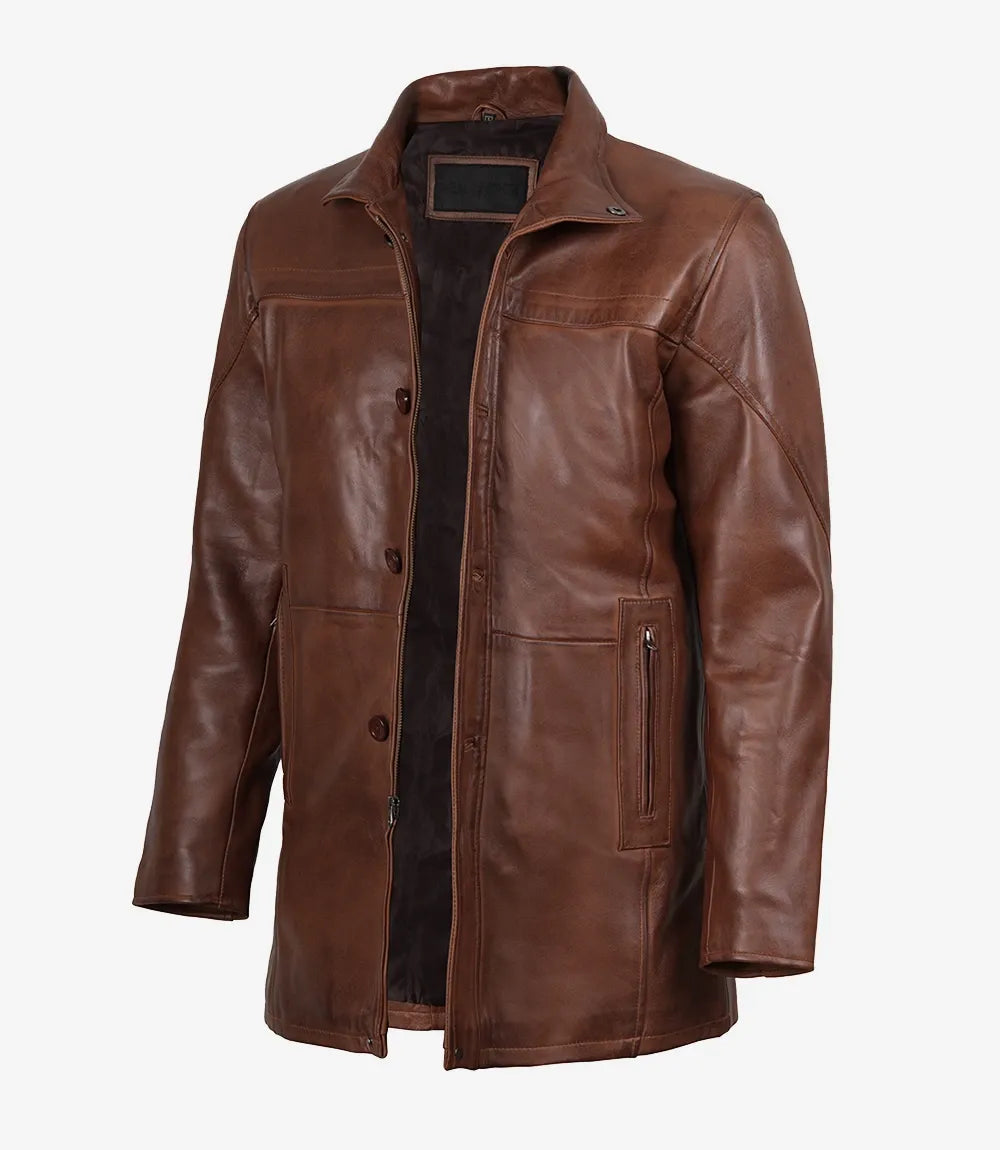 Men's Vintage Cognac Leather Car Coat — Low Stock