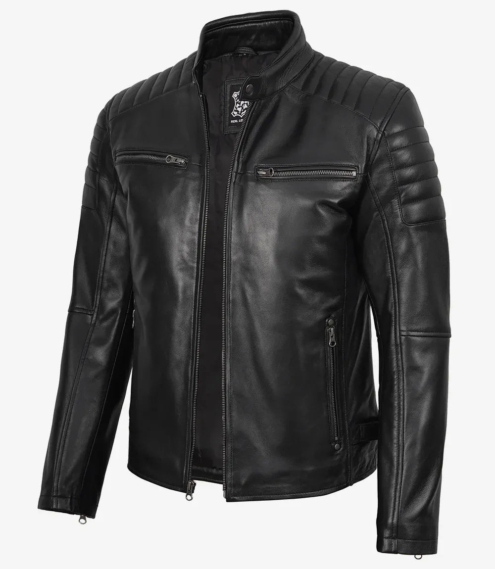 Men’s Real Leather Cafe Racer Jacket with Shoulders Padded for Styling