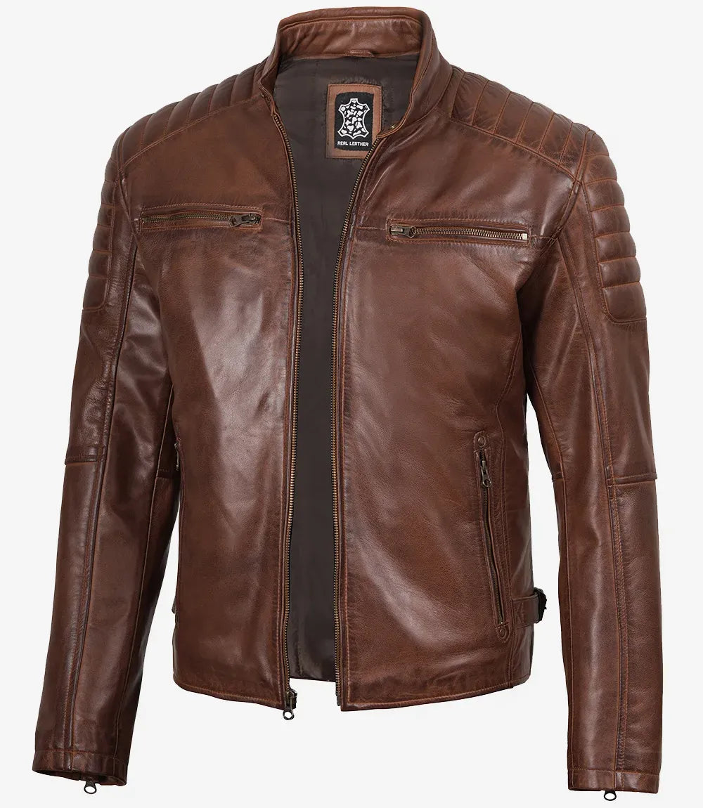 Men’s Real Leather Cafe Racer Jacket with Shoulders Padded for Styling