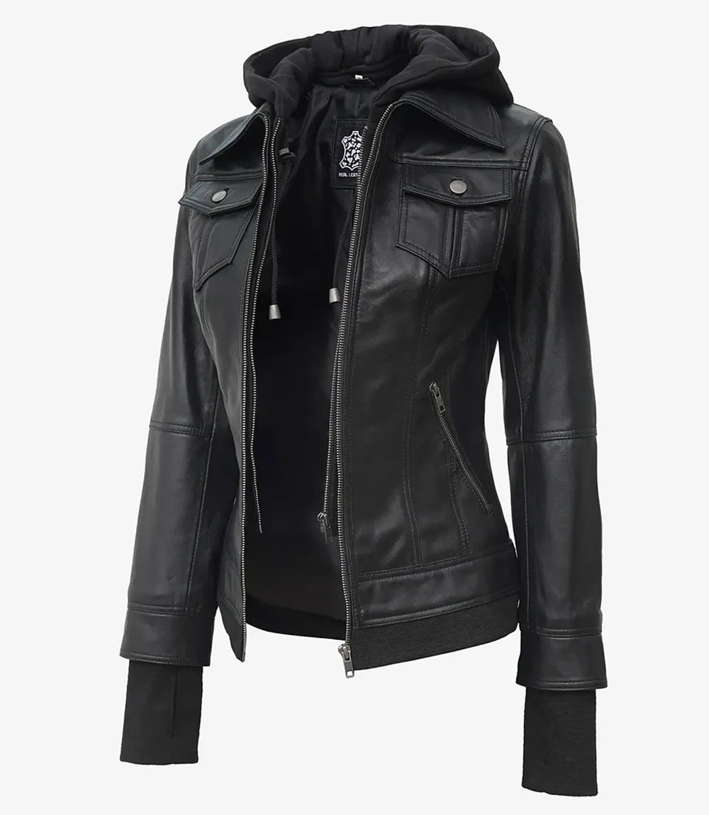 Tralee Black Bomber Women's Leather Jacket With Removable Hood