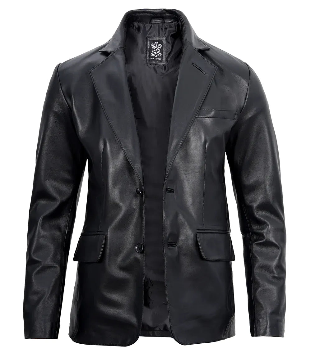 Men's Real Lambskin Black Leather Blazer Jacket — Low Stock