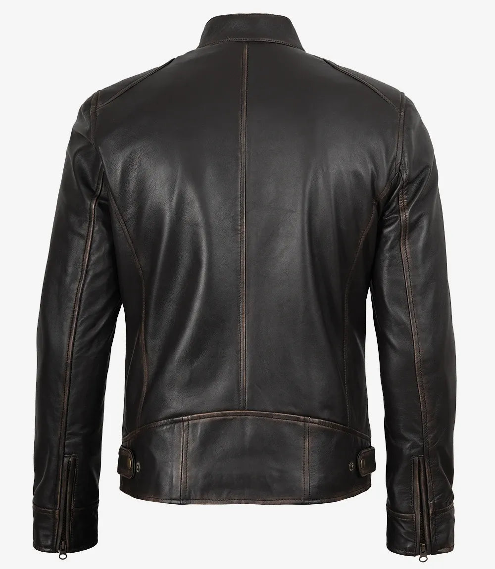 Dodge Men's Rub-off Dark Brown Leather Jacket — Cafe Racer Style