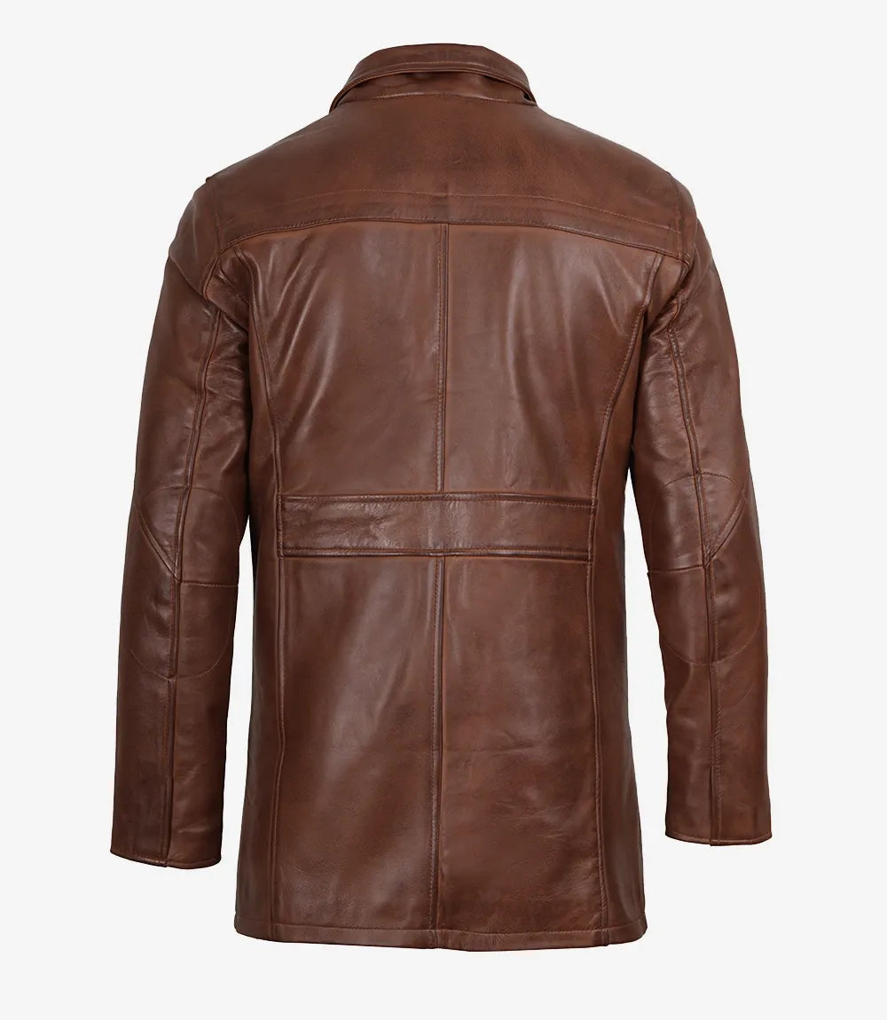 Men's Vintage Cognac Leather Car Coat — Low Stock