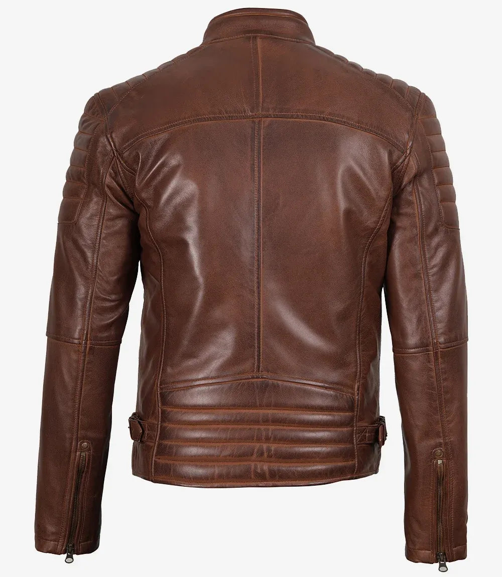 Men’s Real Leather Cafe Racer Jacket with Shoulders Padded for Styling