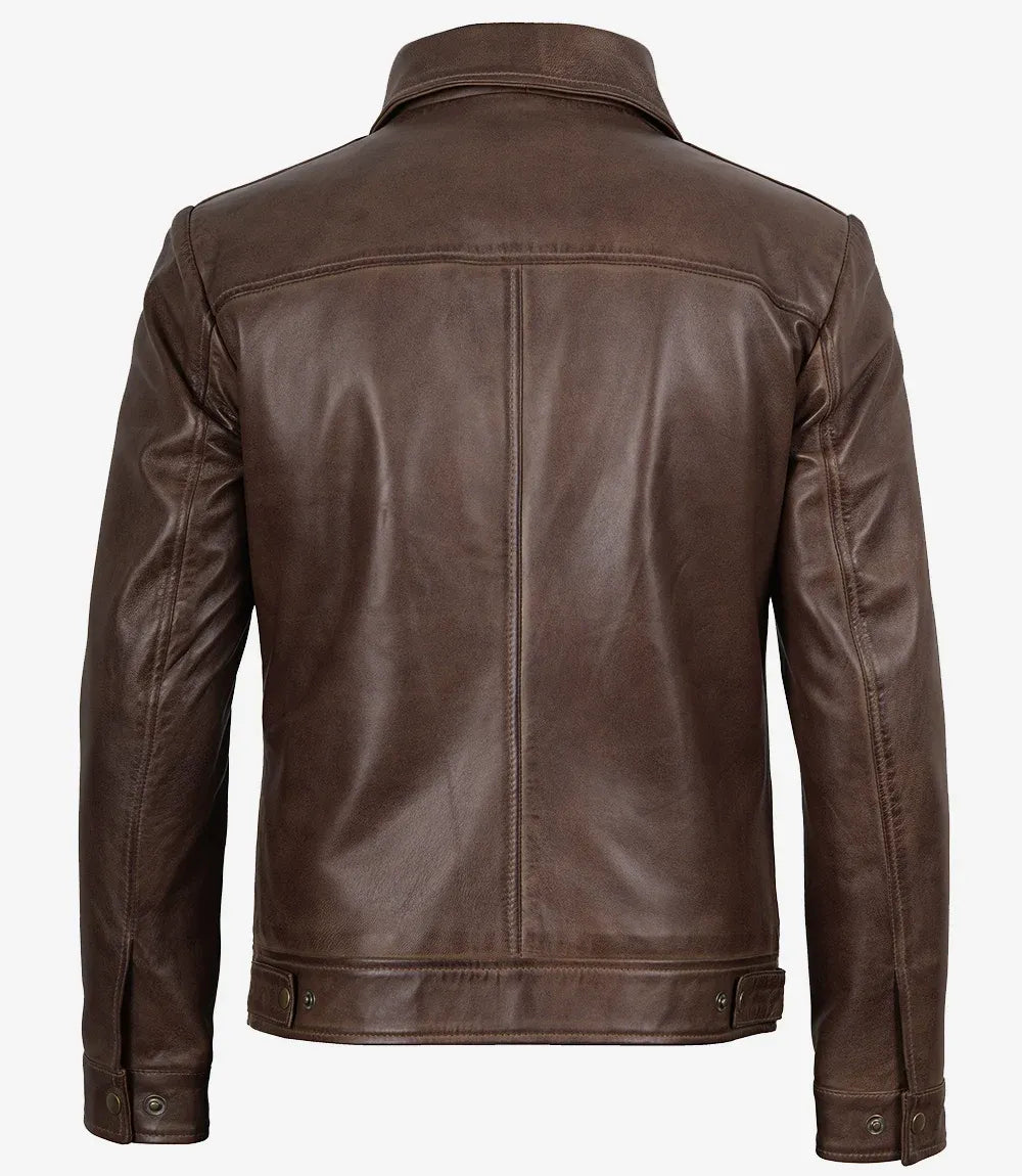 Men's Chocolate Brown Harrington Vintage Leather Jacket — Shirt Style Collar