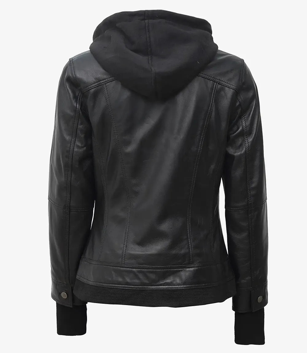 Tralee Black Bomber Women's Leather Jacket With Removable Hood