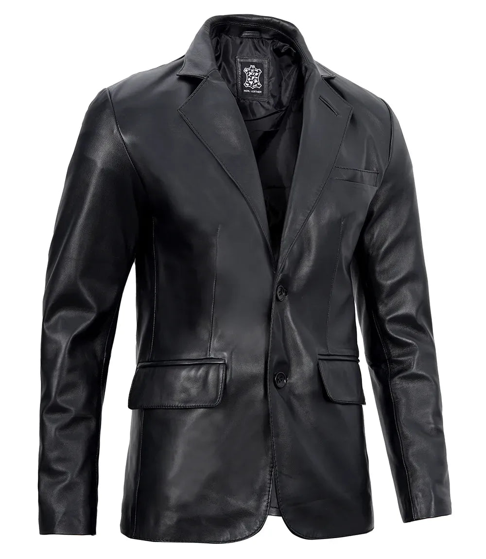 Men's Real Lambskin Black Leather Blazer Jacket — Low Stock