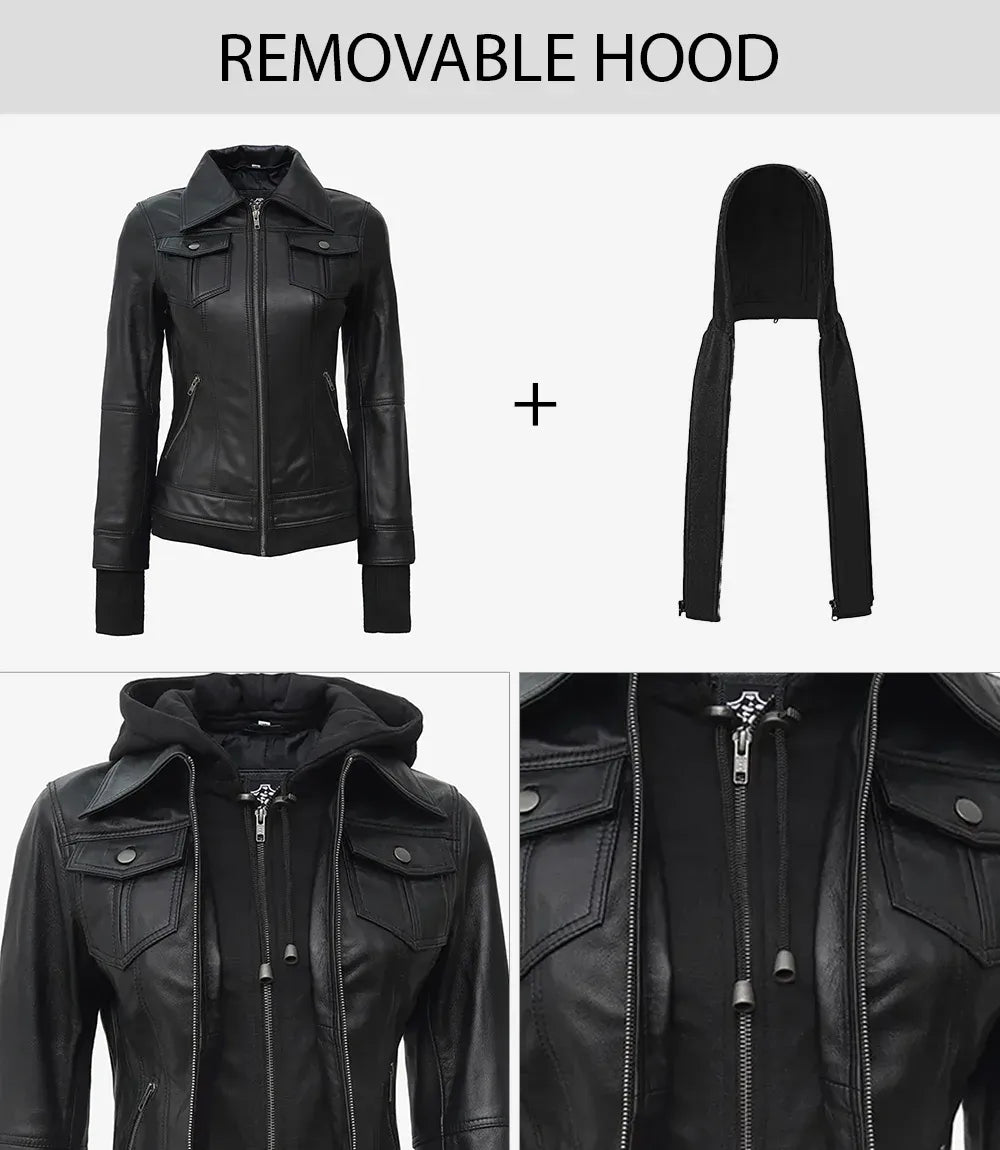 Tralee Black Bomber Women's Leather Jacket With Removable Hood