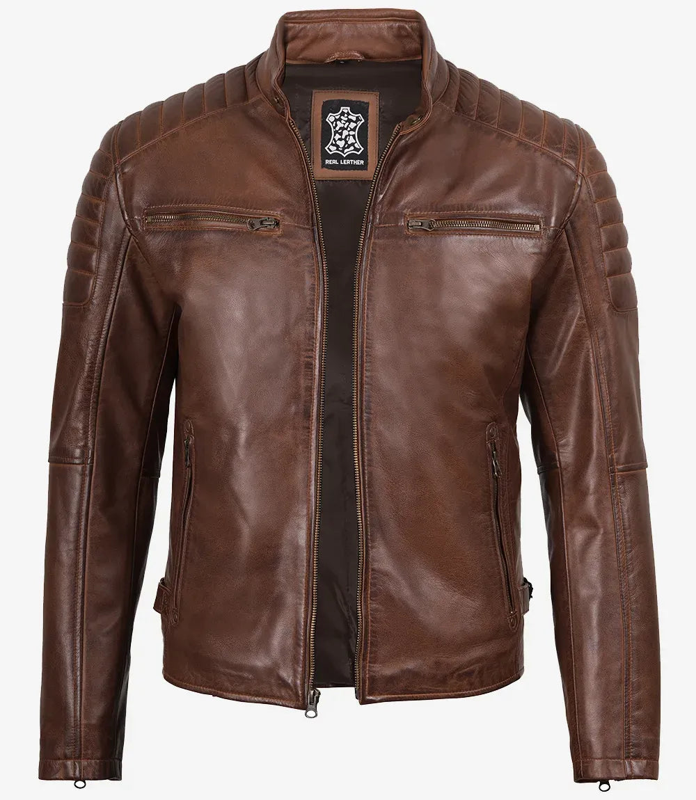 Men’s Real Leather Cafe Racer Jacket with Shoulders Padded for Styling