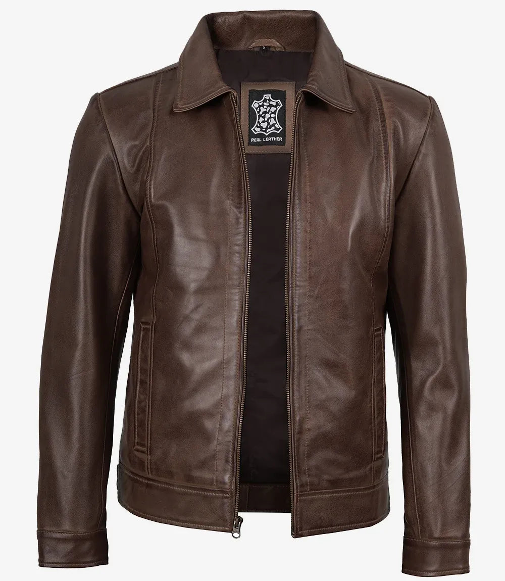 Men's Chocolate Brown Harrington Vintage Leather Jacket — Shirt Style Collar