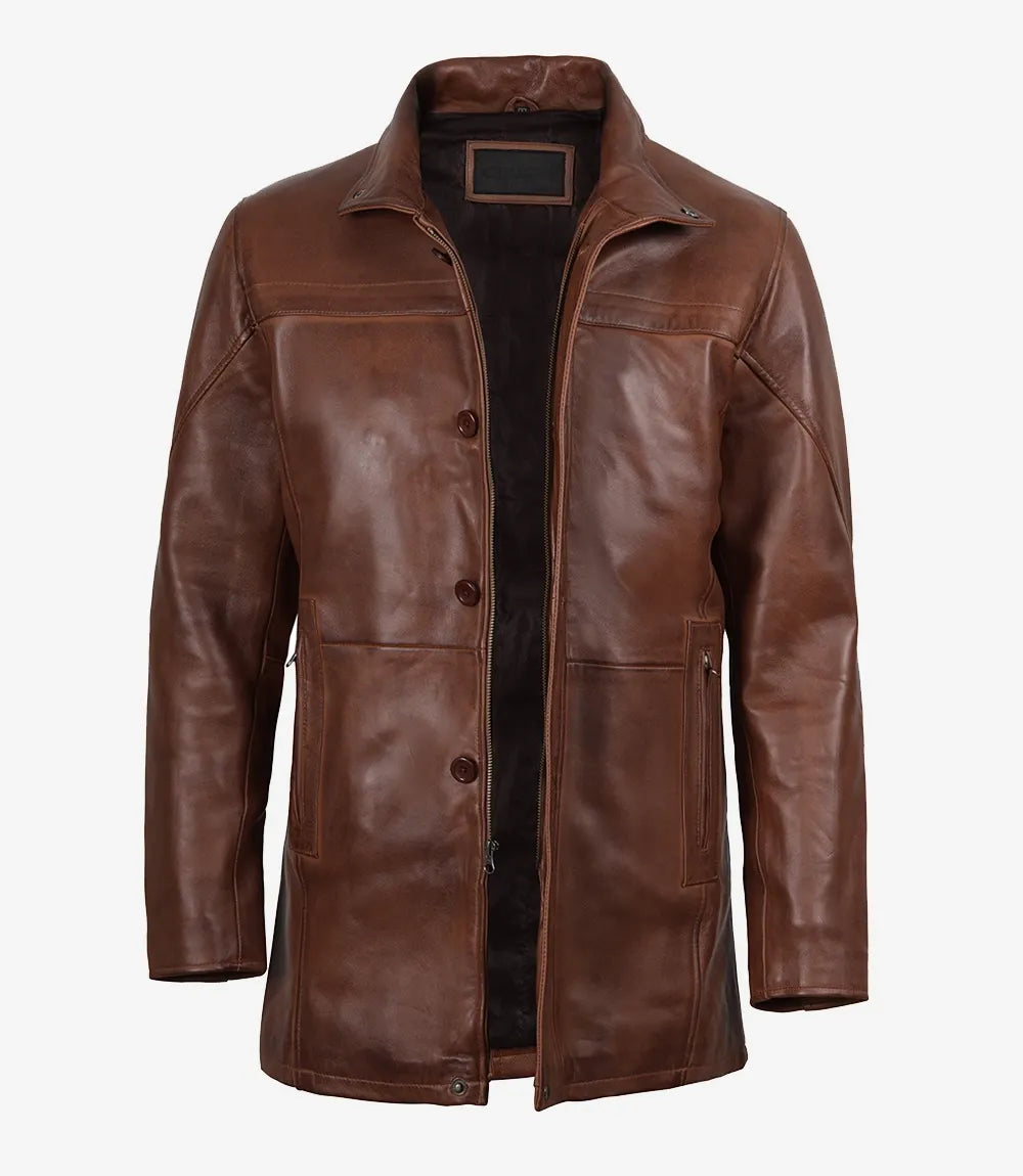 Men's Vintage Cognac Leather Car Coat — Low Stock