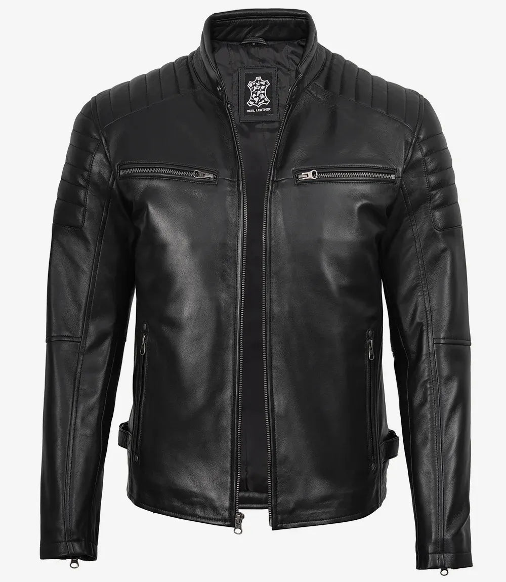 Men’s Real Leather Cafe Racer Jacket with Shoulders Padded for Styling