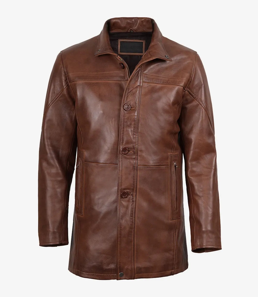 Men's Vintage Cognac Leather Car Coat — Low Stock