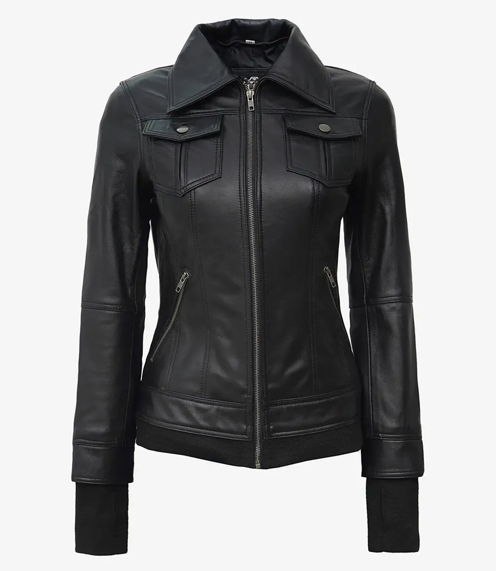 Tralee Black Bomber Women's Leather Jacket With Removable Hood
