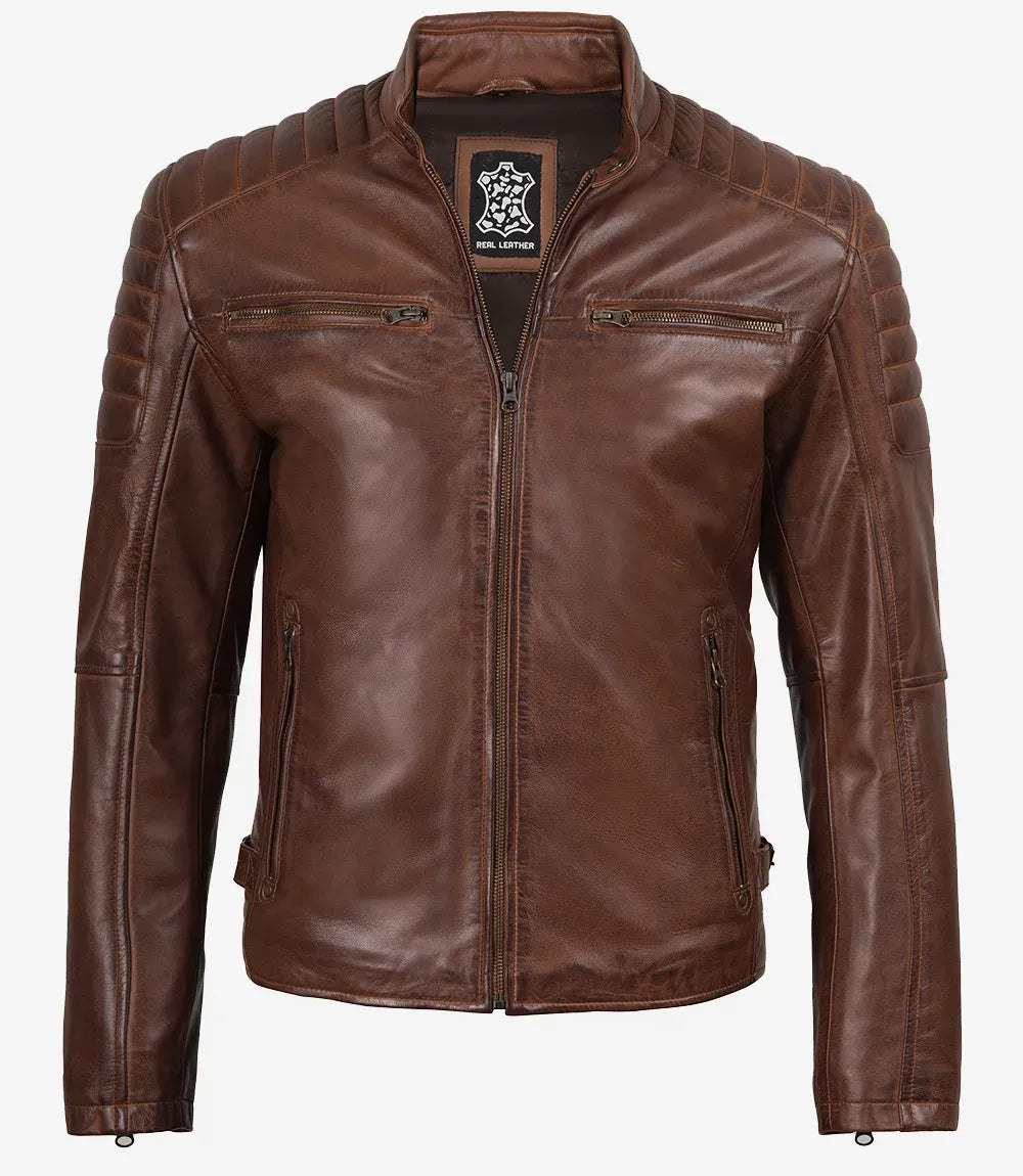 Men’s Real Leather Cafe Racer Jacket with Shoulders Padded for Styling