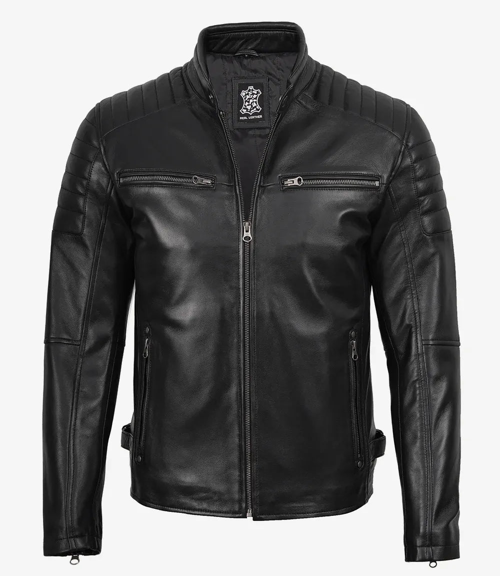 Men’s Real Leather Cafe Racer Jacket with Shoulders Padded for Styling