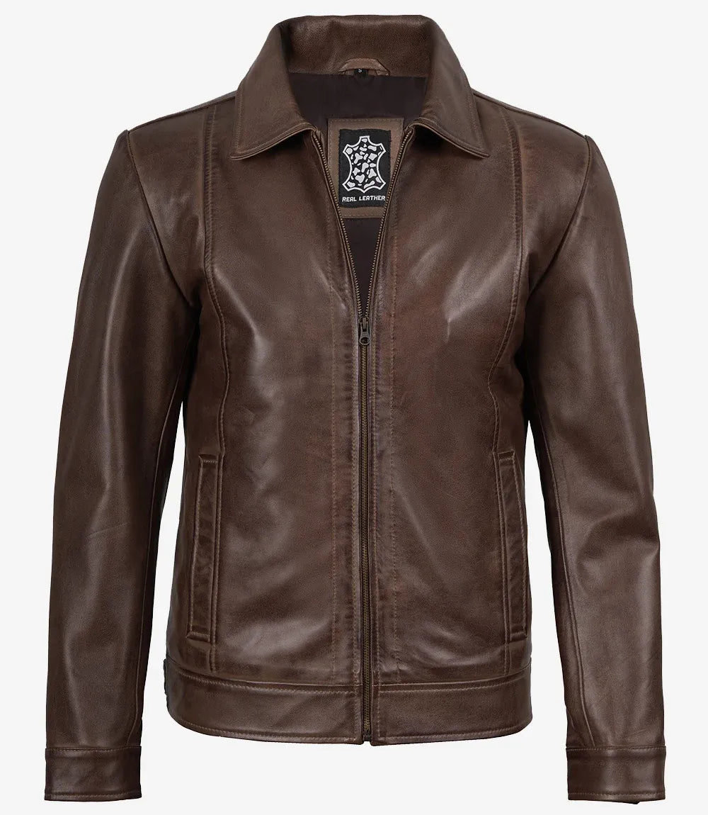 Men's Chocolate Brown Harrington Vintage Leather Jacket — Shirt Style Collar