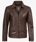 Men's Chocolate Brown Harrington Vintage Leather Jacket — Shirt Style Collar