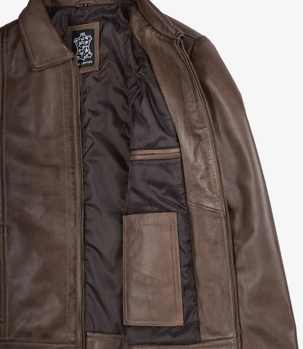 Men's Chocolate Brown Harrington Vintage Leather Jacket — Shirt Style Collar