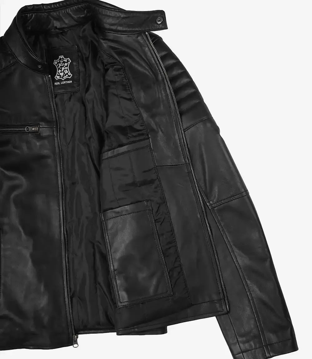 Men’s Real Leather Cafe Racer Jacket with Shoulders Padded for Styling