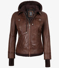 Tralee Black Bomber Women's Leather Jacket With Removable Hood