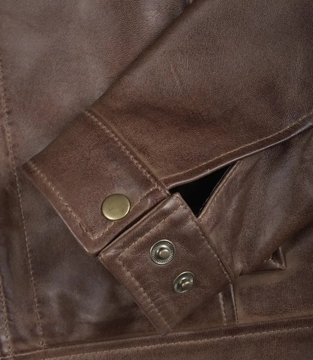 Men's Chocolate Brown Harrington Vintage Leather Jacket — Shirt Style Collar
