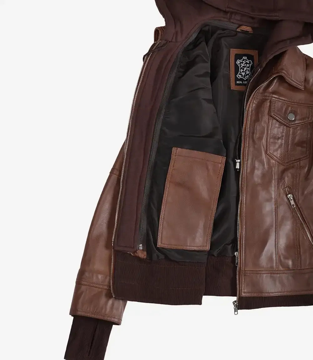 Tralee Black Bomber Women's Leather Jacket With Removable Hood